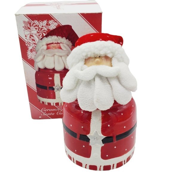 Santa Claus Ceramic Cookie Jar With Cloth Hat & Beard 11 inch  Christmas Vintage - Picture 7 of 9